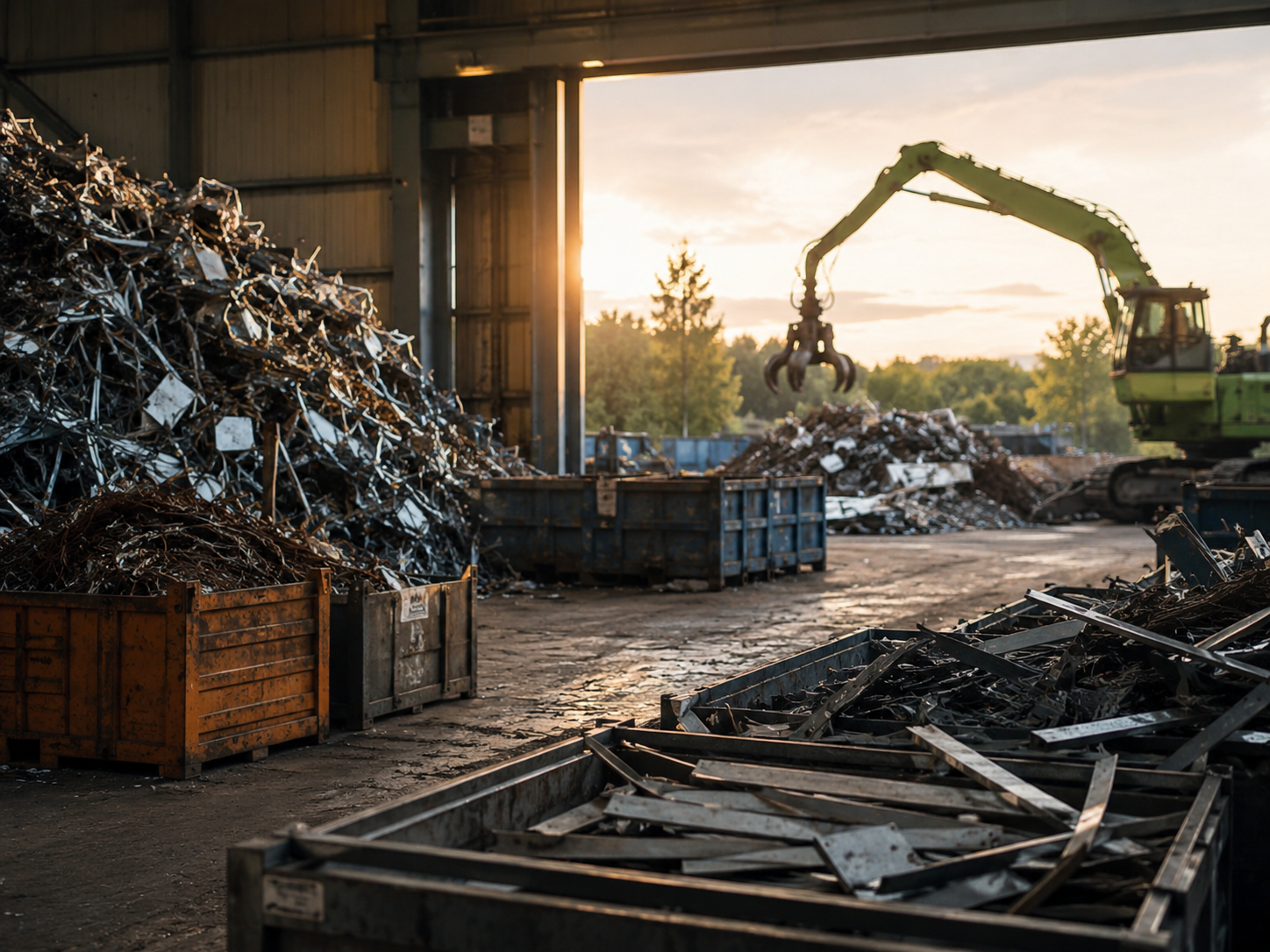 A diverse team of tough, professional industrial workers standing proudly in front of a massive orange industrial shredder in a dark, atmospheric recycling facility. They are wearing high-visibility orange vests, hard hats, and heavy-duty work gear. The lighting is cinematic, casting dramatic shadows and highlighting the rugged textures of the machinery and their environment. The overall tone is authoritative, reliable, and grounded in heavy industry.
